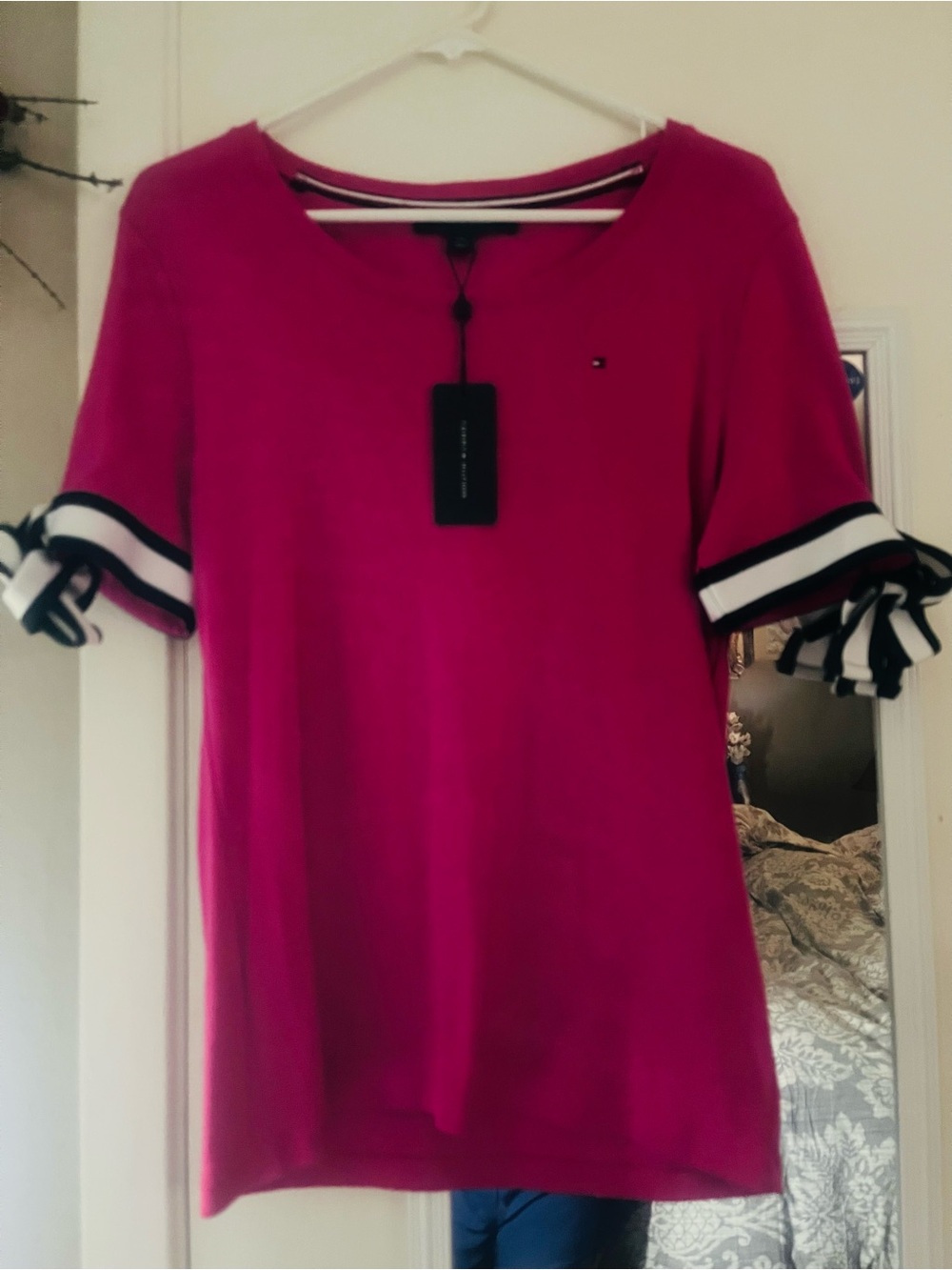 Tommy Hilfiger Fuchsia Short Sleeve Tunic with Striped Ruffle Cuffs